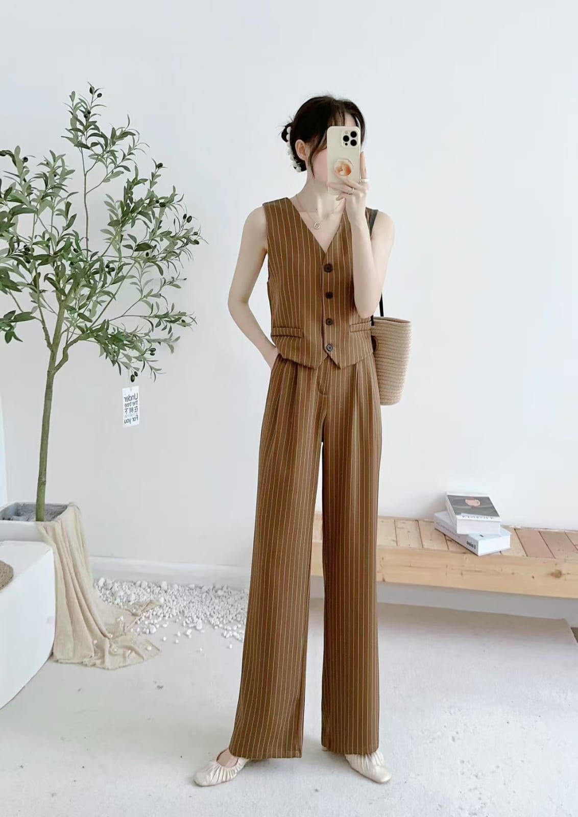 Women's Single Breasted Vest Top Cotton Linen Vintage Pocket Zipper Casual Wide Leg Pants 2 Piece Set | Free Size-KYAMSTORE