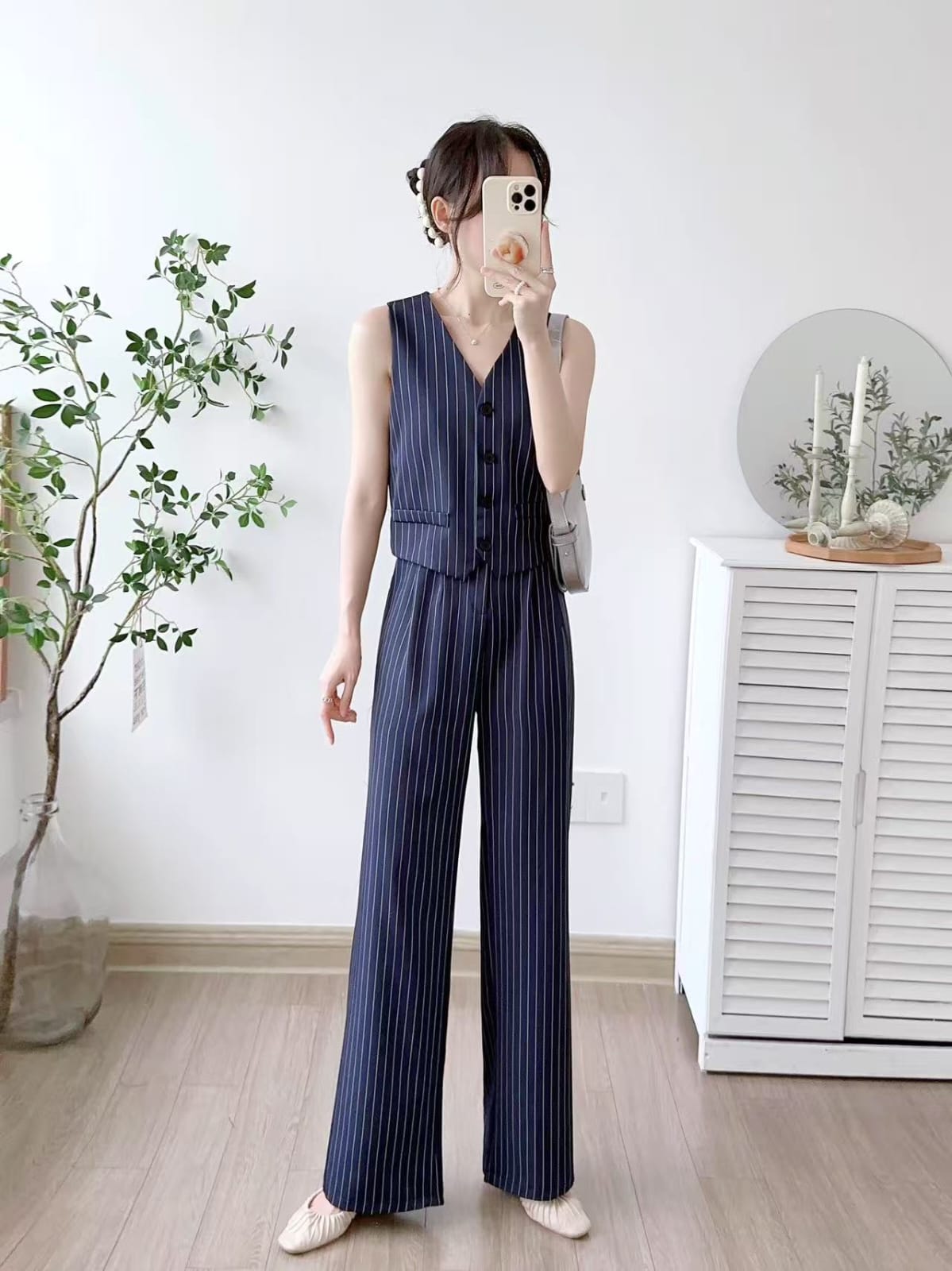 Women's Single Breasted Vest Top Cotton Linen Vintage Pocket Zipper Casual Wide Leg Pants 2 Piece Set | Free Size-KYAMSTORE