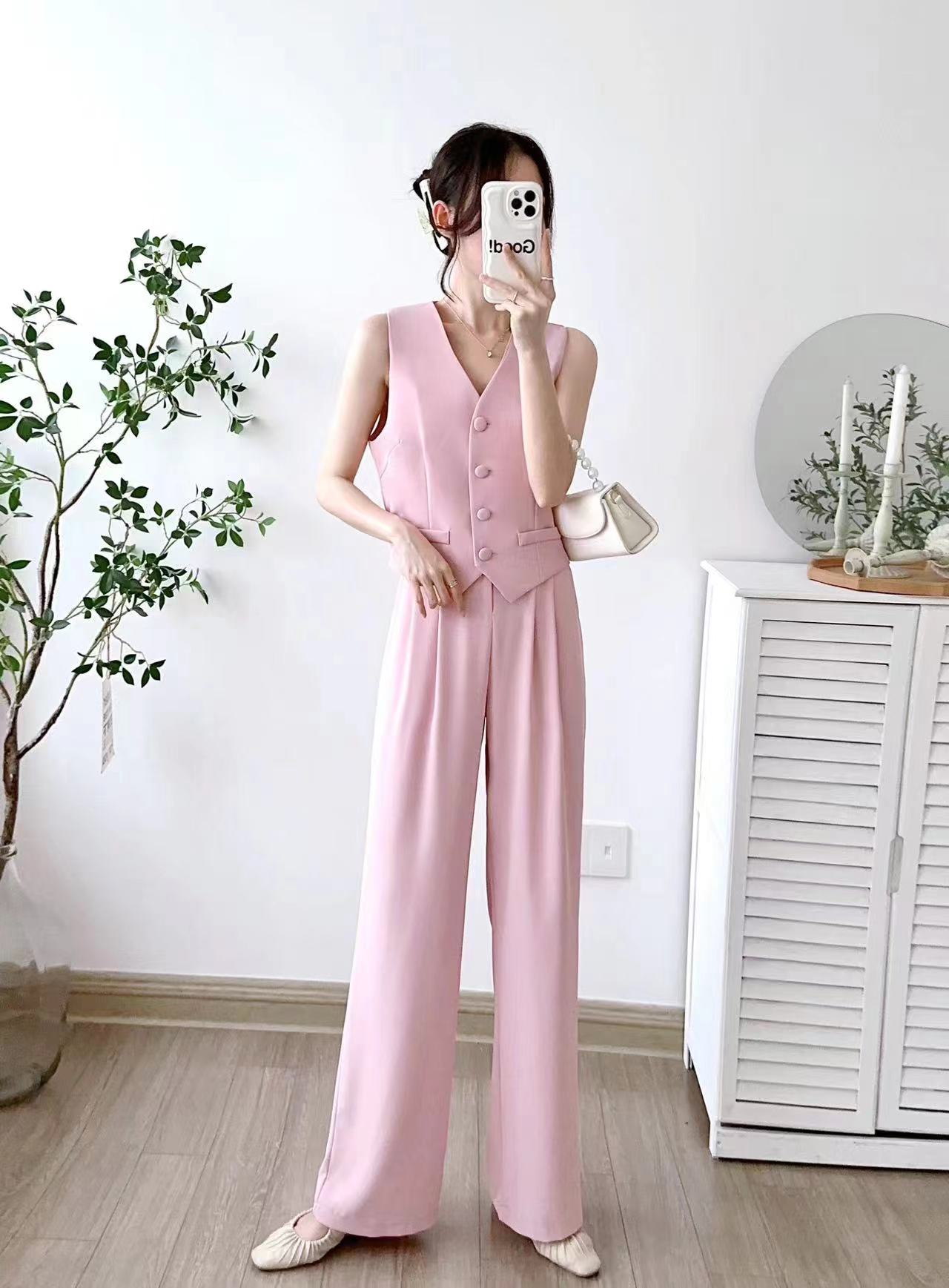 Women's Single Breasted Vest Top Cotton Linen Vintage Pocket Zipper Casual Wide Leg Pants 2 Piece Set | Free Size-KYAMSTORE