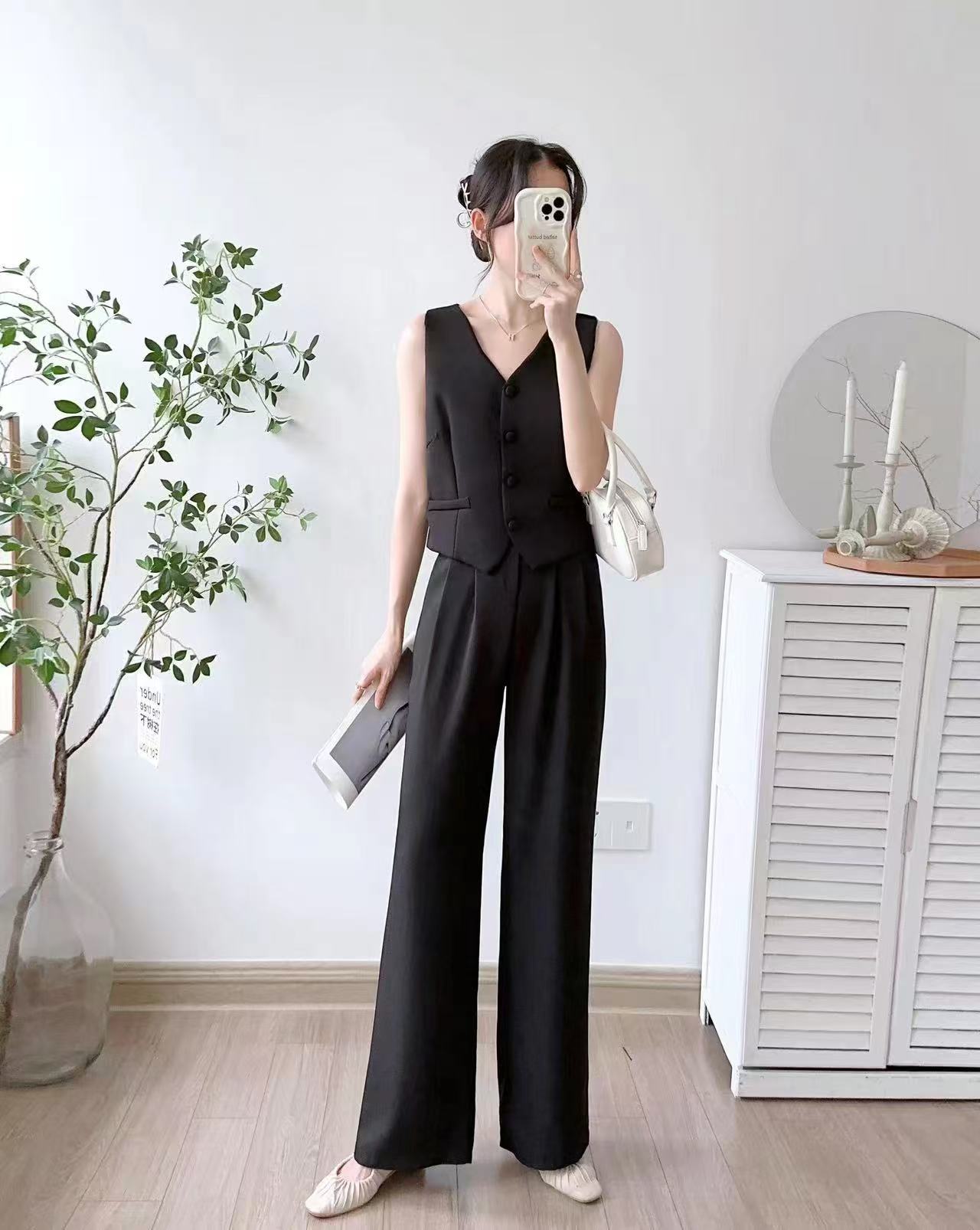 Women's Single Breasted Vest Top Cotton Linen Vintage Pocket Zipper Casual Wide Leg Pants 2 Piece Set | Free Size-KYAMSTORE