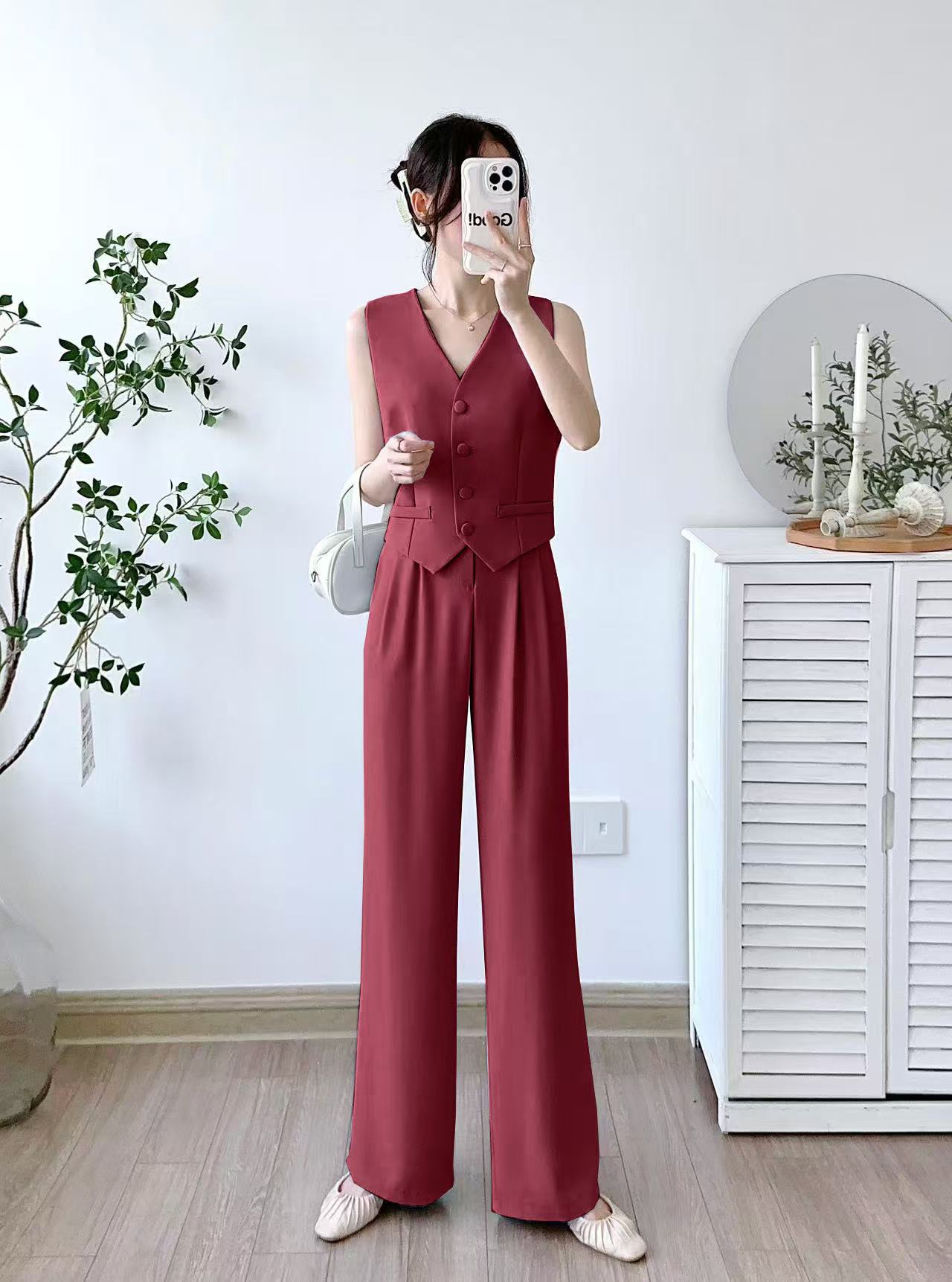 Women's Single Breasted Vest Top Cotton Linen Vintage Pocket Zipper Casual Wide Leg Pants 2 Piece Set | Free Size-KYAMSTORE