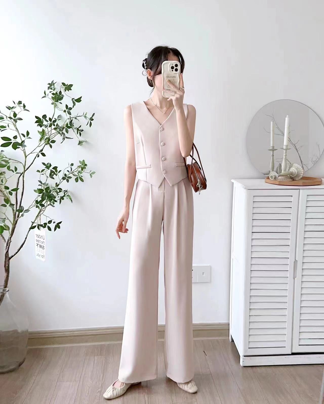 Women's Single Breasted Vest Top Cotton Linen Vintage Pocket Zipper Casual Wide Leg Pants 2 Piece Set | Free Size-KYAMSTORE