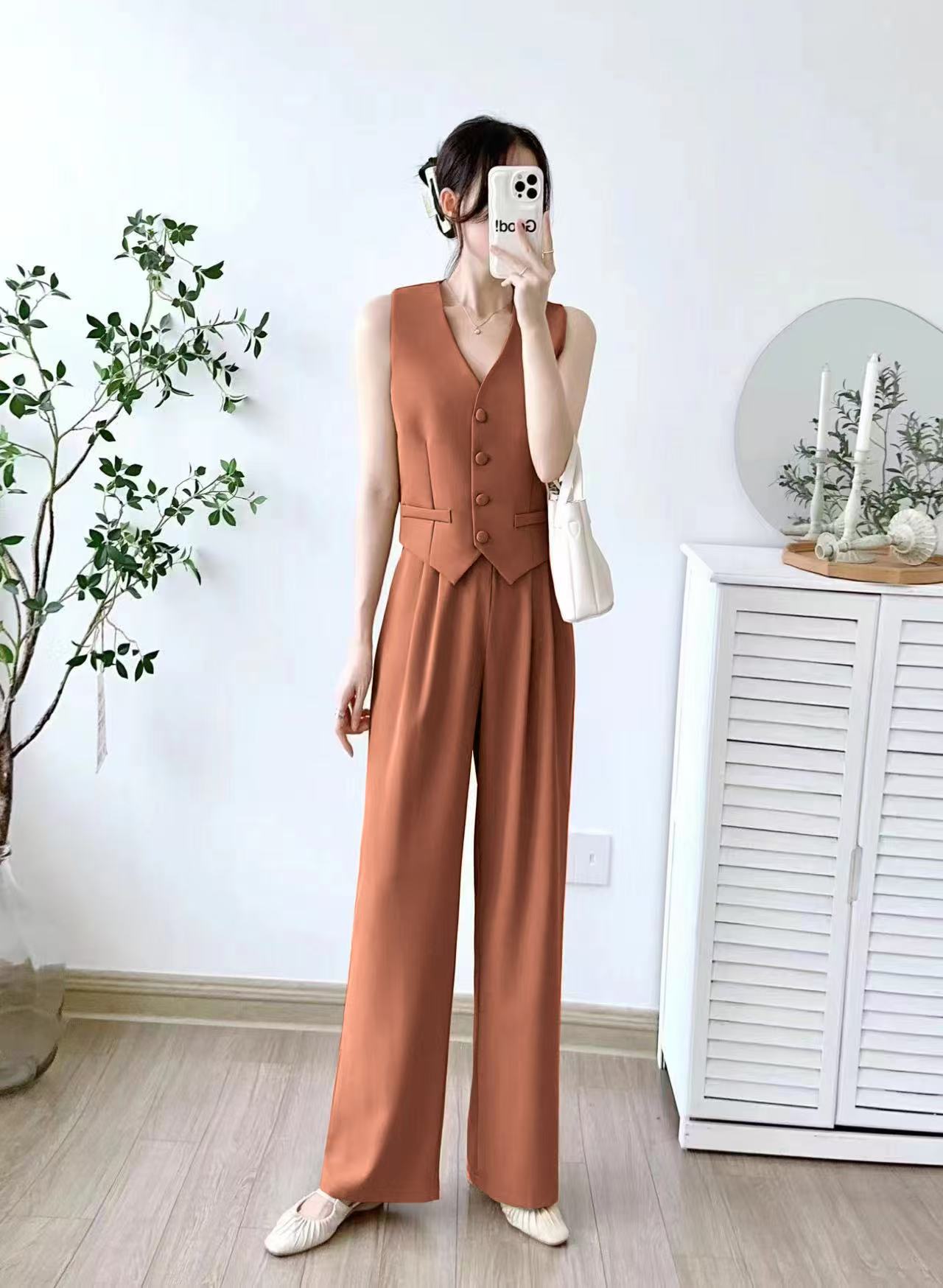 Women's Single Breasted Vest Top Cotton Linen Vintage Pocket Zipper Casual Wide Leg Pants 2 Piece Set | Free Size-KYAMSTORE