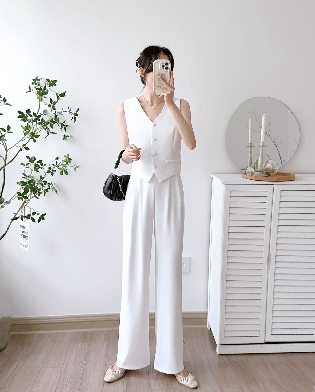 Women's Single Breasted Vest Top Cotton Linen Vintage Pocket Zipper Casual Wide Leg Pants 2 Piece Set | Free Size-KYAMSTORE