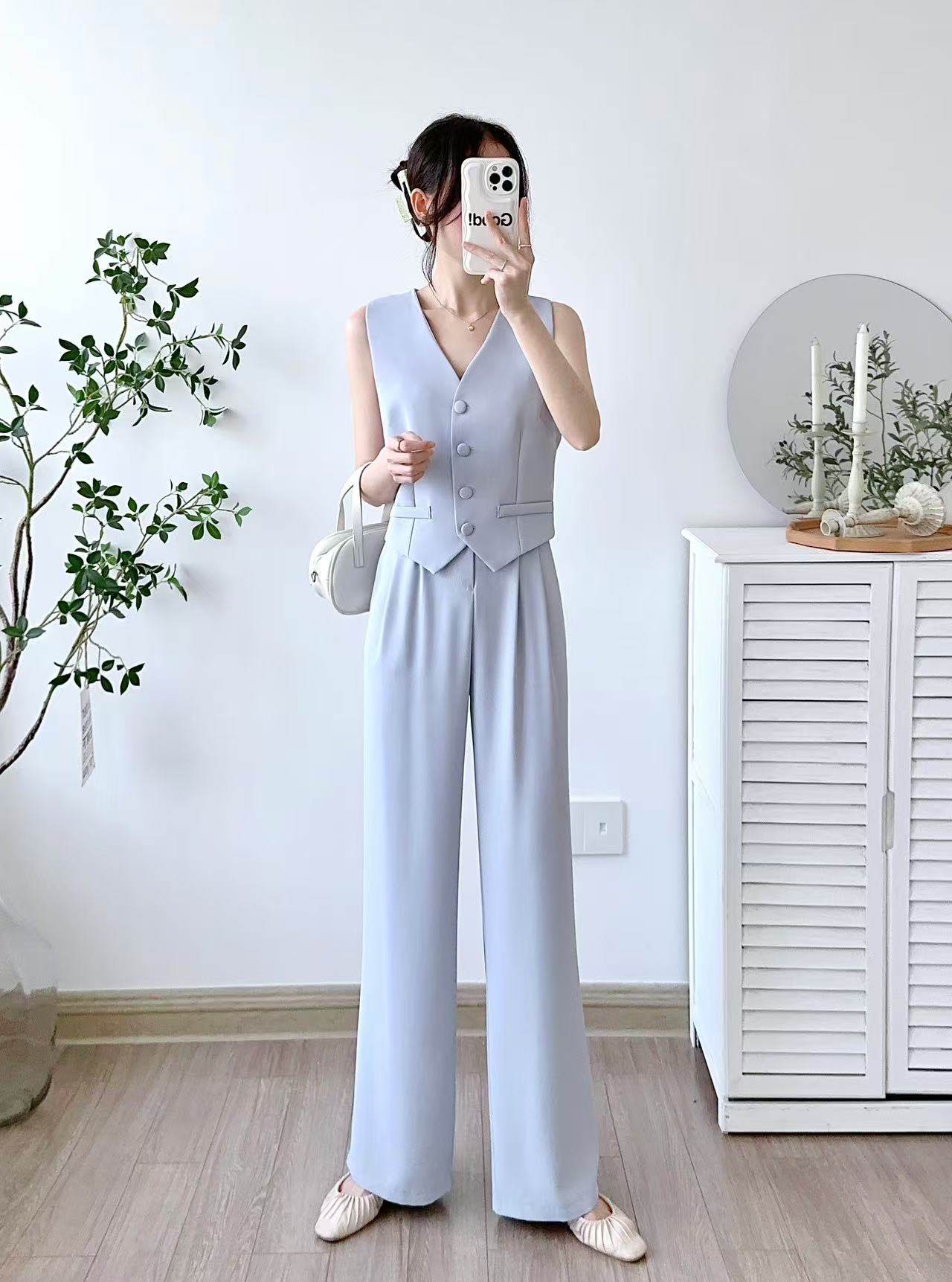 Women's Single Breasted Vest Top Cotton Linen Vintage Pocket Zipper Casual Wide Leg Pants 2 Piece Set | Free Size-KYAMSTORE