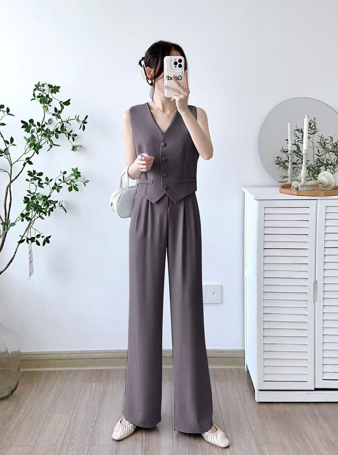Women's Single Breasted Vest Top Cotton Linen Vintage Pocket Zipper Casual Wide Leg Pants 2 Piece Set | Free Size-KYAMSTORE