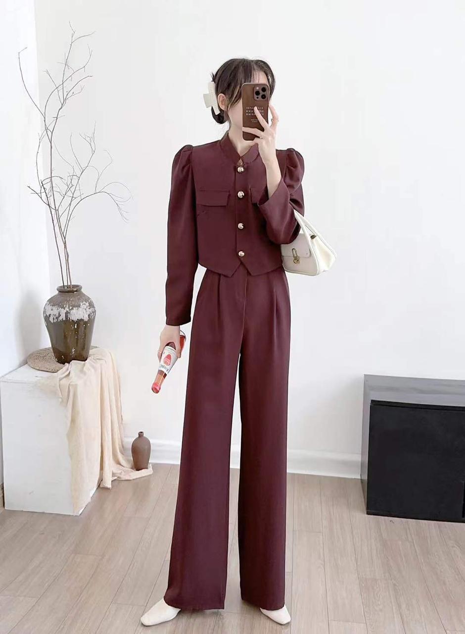 Women's Single Breasted Vest Top Cotton Linen Vintage Pocket Zipper Casual Wide Leg Pants 2 Piece Set | Free Size-KYAMSTORE