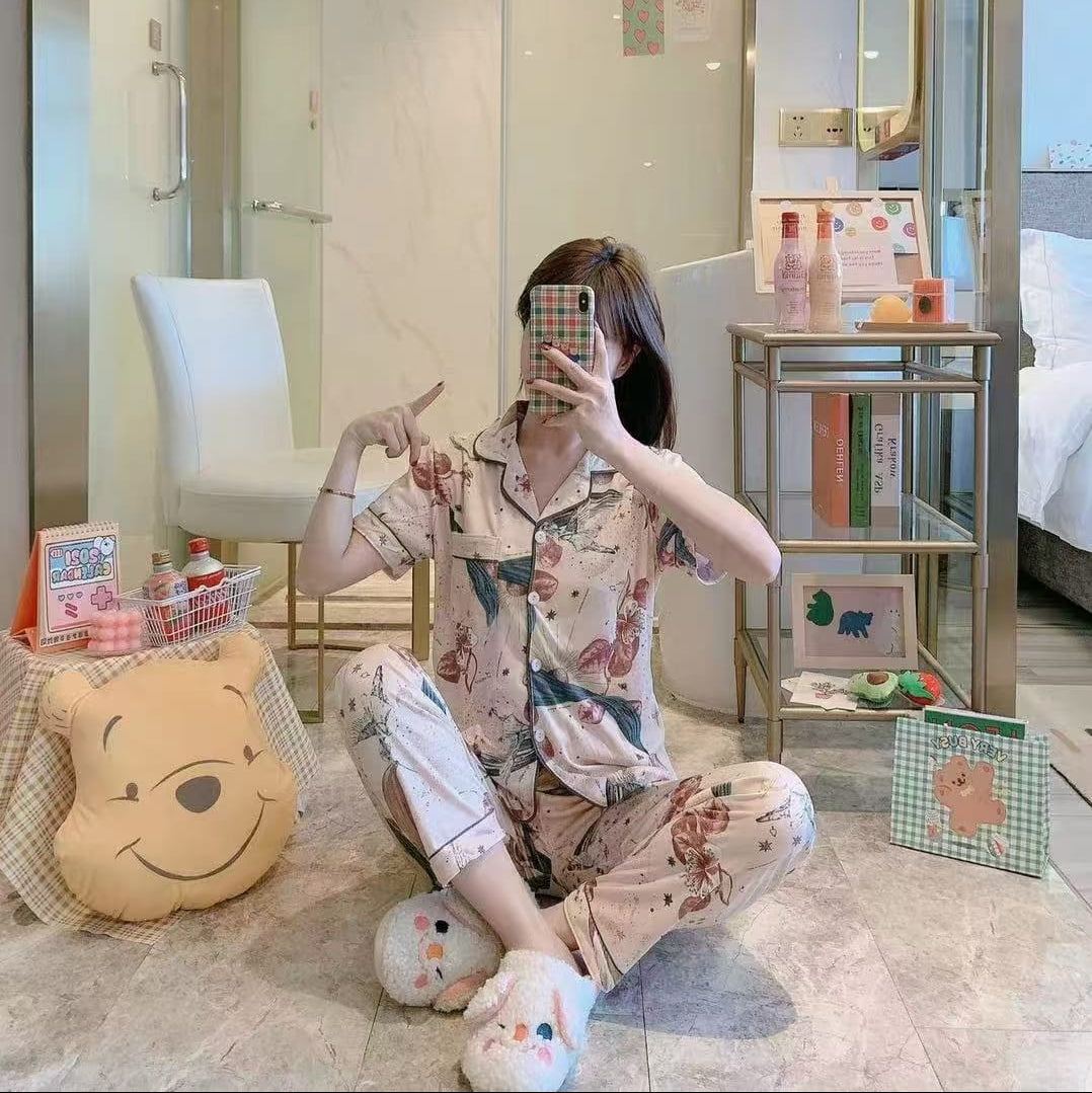 Summer pajamas Silk Pajamas | Women Pajama Sets Print Cute Sleepwear | Free Size-KYAMSTORE