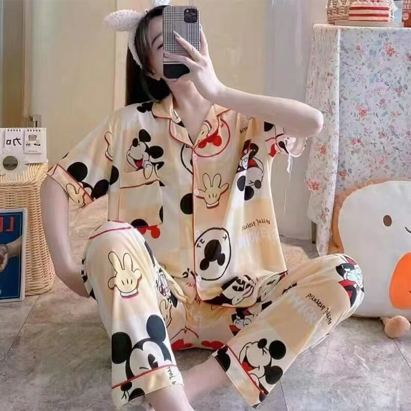 Summer pajamas Silk Pajamas | Women Pajama Sets Print Cute Sleepwear | Free Size-KYAMSTORE