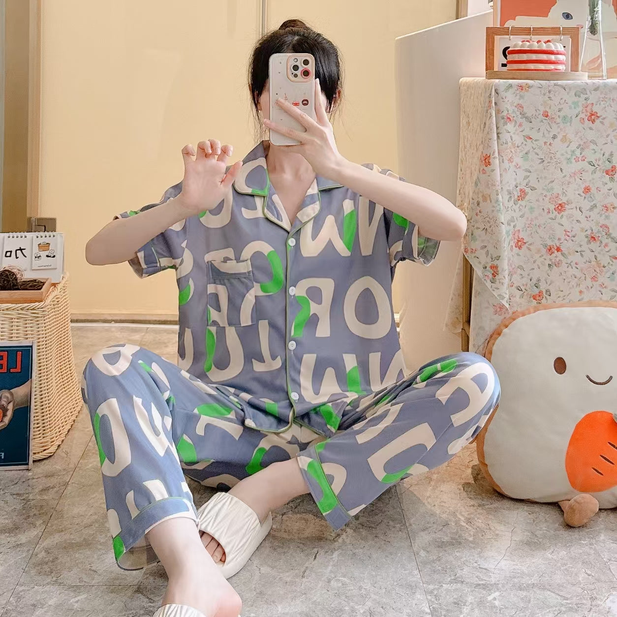 Summer pajamas Silk Pajamas | Women Pajama Sets Print Cute Sleepwear | Free Size-KYAMSTORE