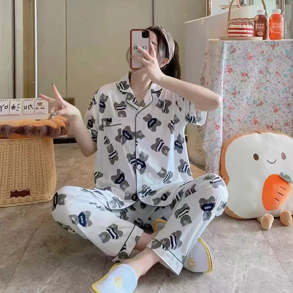 Summer pajamas Silk Pajamas | Women Pajama Sets Print Cute Sleepwear | Free Size-KYAMSTORE
