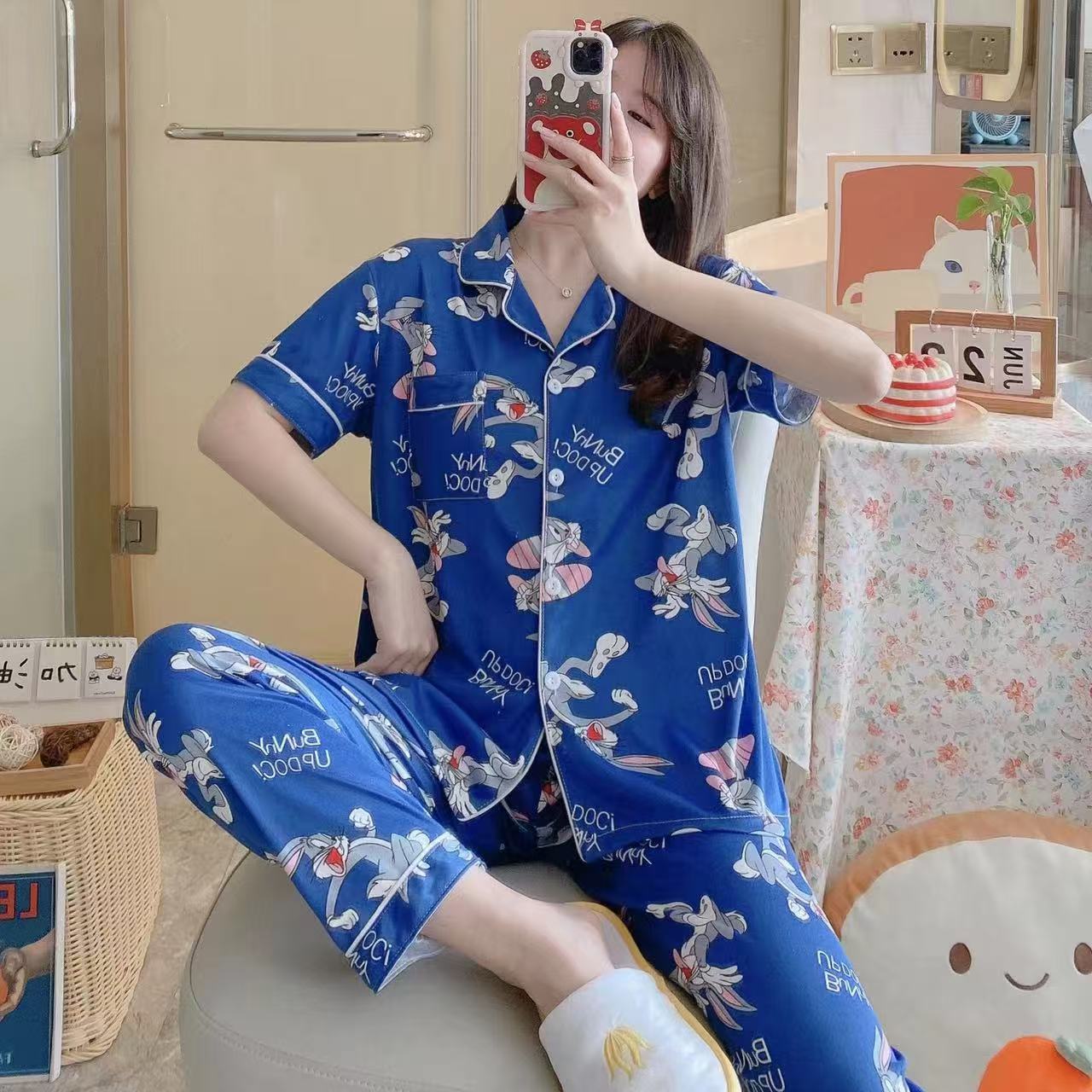 Summer pajamas Silk Pajamas | Women Pajama Sets Print Cute Sleepwear | Free Size-KYAMSTORE