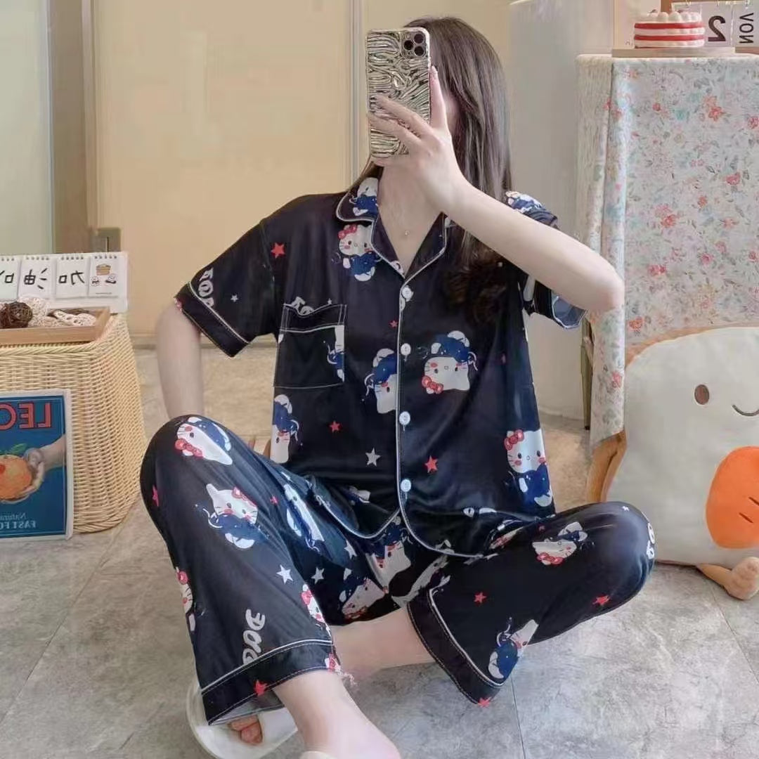 Summer pajamas Silk Pajamas | Women Pajama Sets Print Cute Sleepwear | Free Size-KYAMSTORE