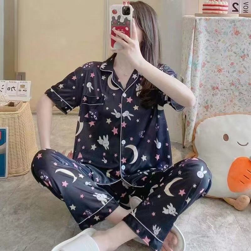 Summer pajamas Silk Pajamas | Women Pajama Sets Print Cute Sleepwear | Free Size-KYAMSTORE