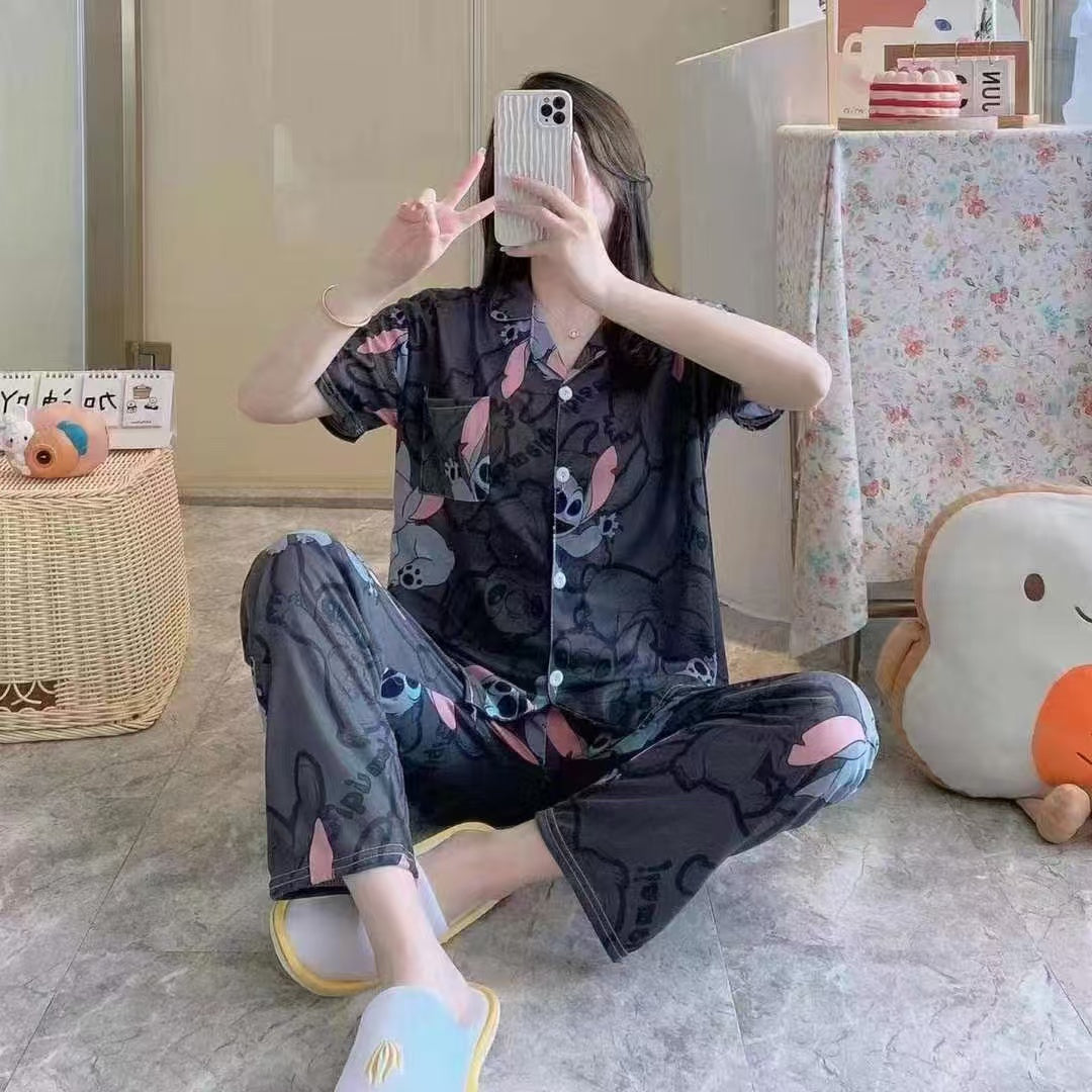 Summer pajamas Silk Pajamas | Women Pajama Sets Print Cute Sleepwear | Free Size-KYAMSTORE