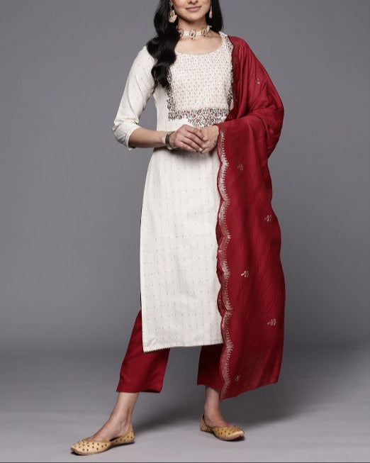 Floral Embroidered Kurta with Trousers & With Dupatta-KYAMSTORE