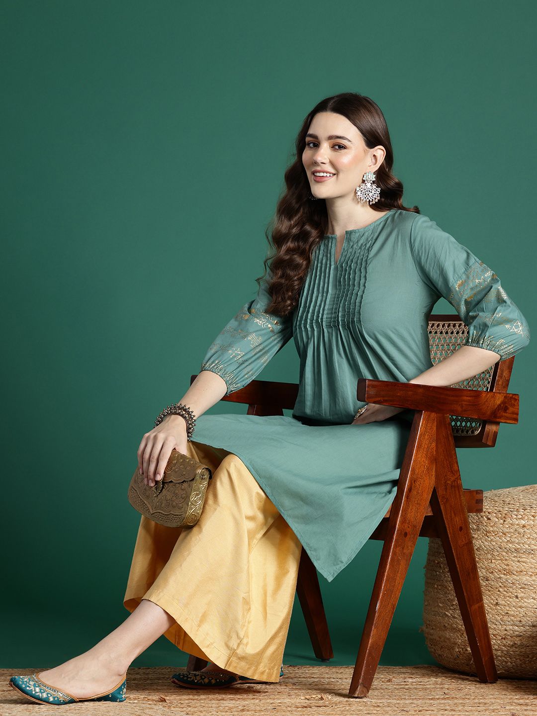 Women Pintucks Pure Cotton Kurta with Foil Print Detail