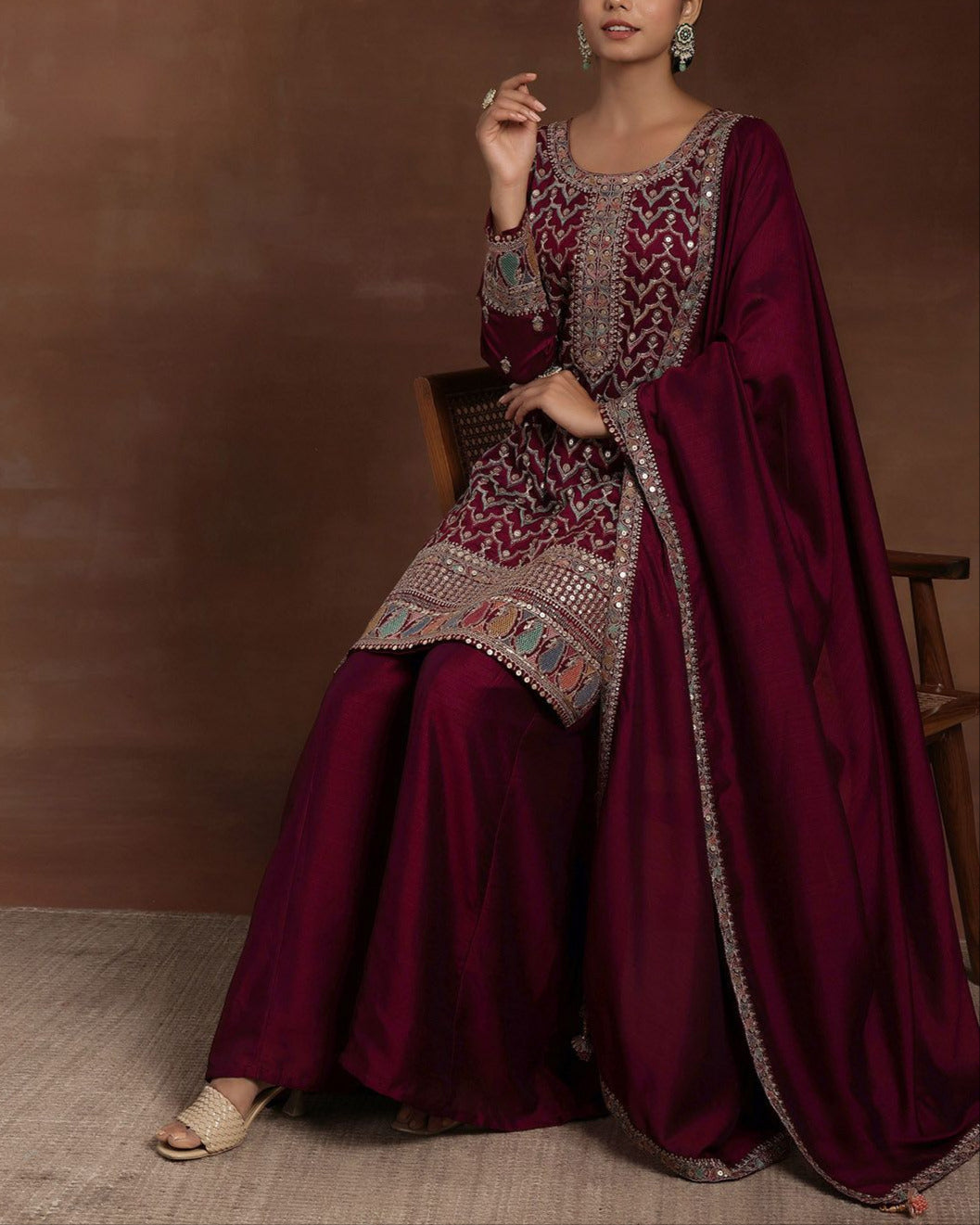 Ethnic Motifs Embroidered Sequinned Straight Kurta With Palazzos & Dupatta-KYAMSTORE