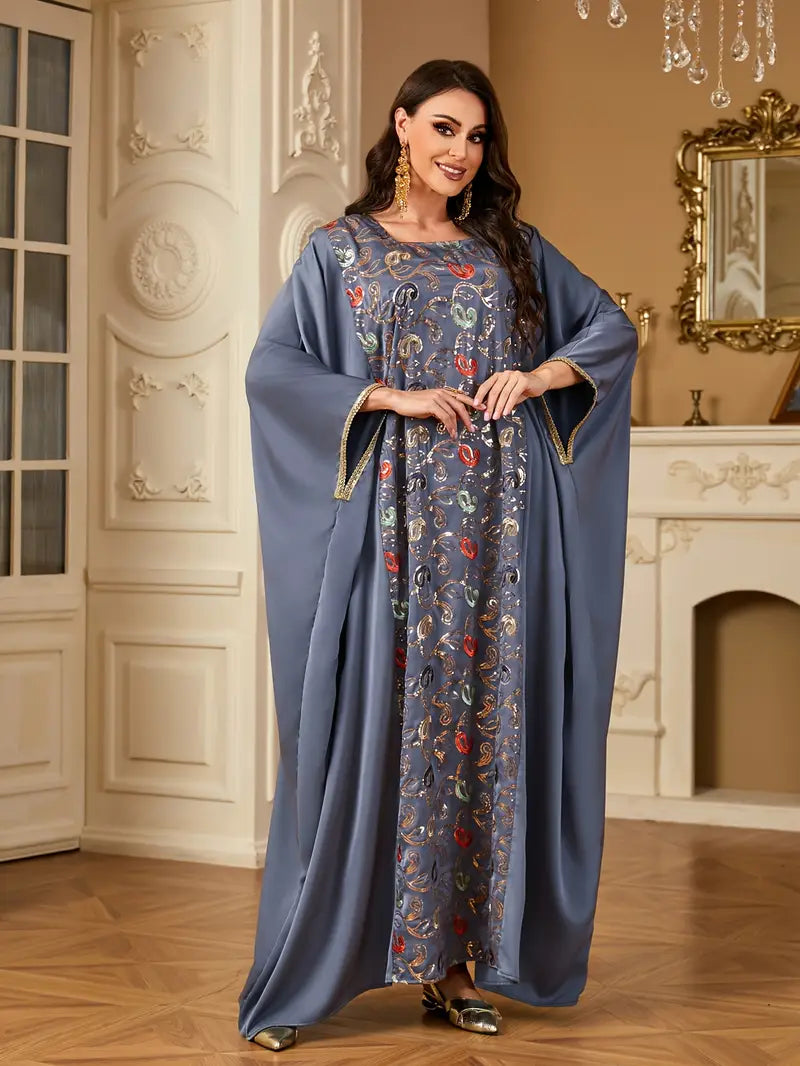 Batwing Sleeve Square Collar Sequin Arabic Long Dress | Delivery: 7 to 10 business days | Limited stocks available | Hurry before Sold Out