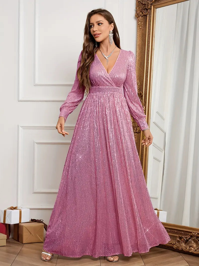 Emerald Green Sequin V-Neck Long Sleeve A-Line Dress | Delivery: 7 to 10 business days | Limited stocks available