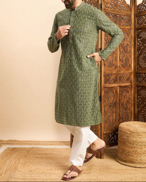 Embroidered Mandarin Collar Ethnic Wear Kurta-KYAMSTORE
