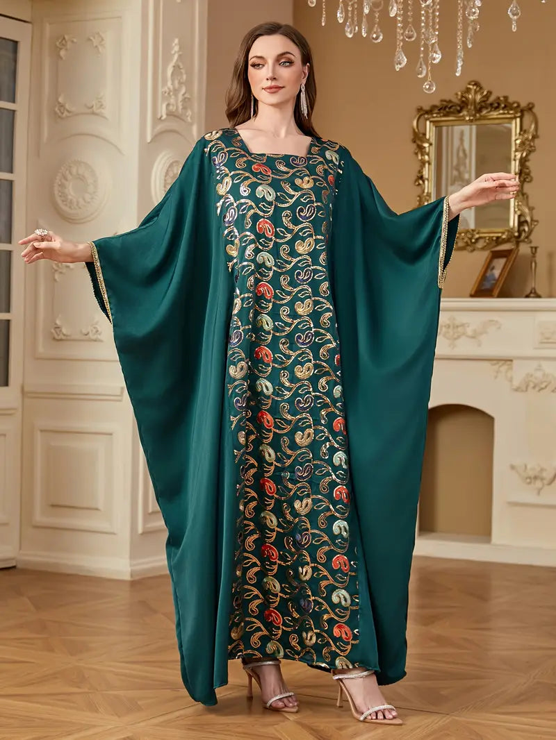 Batwing Sleeve Square Collar Sequin Arabic Long Dress | Delivery: 7 to 10 business days | Limited stocks available | Hurry before Sold Out