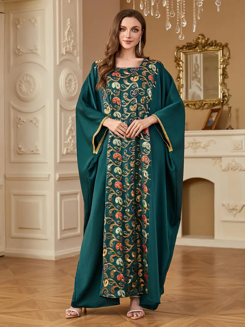 Batwing Sleeve Square Collar Sequin Arabic Long Dress | Delivery: 7 to 10 business days | Limited stocks available | Hurry before Sold Out
