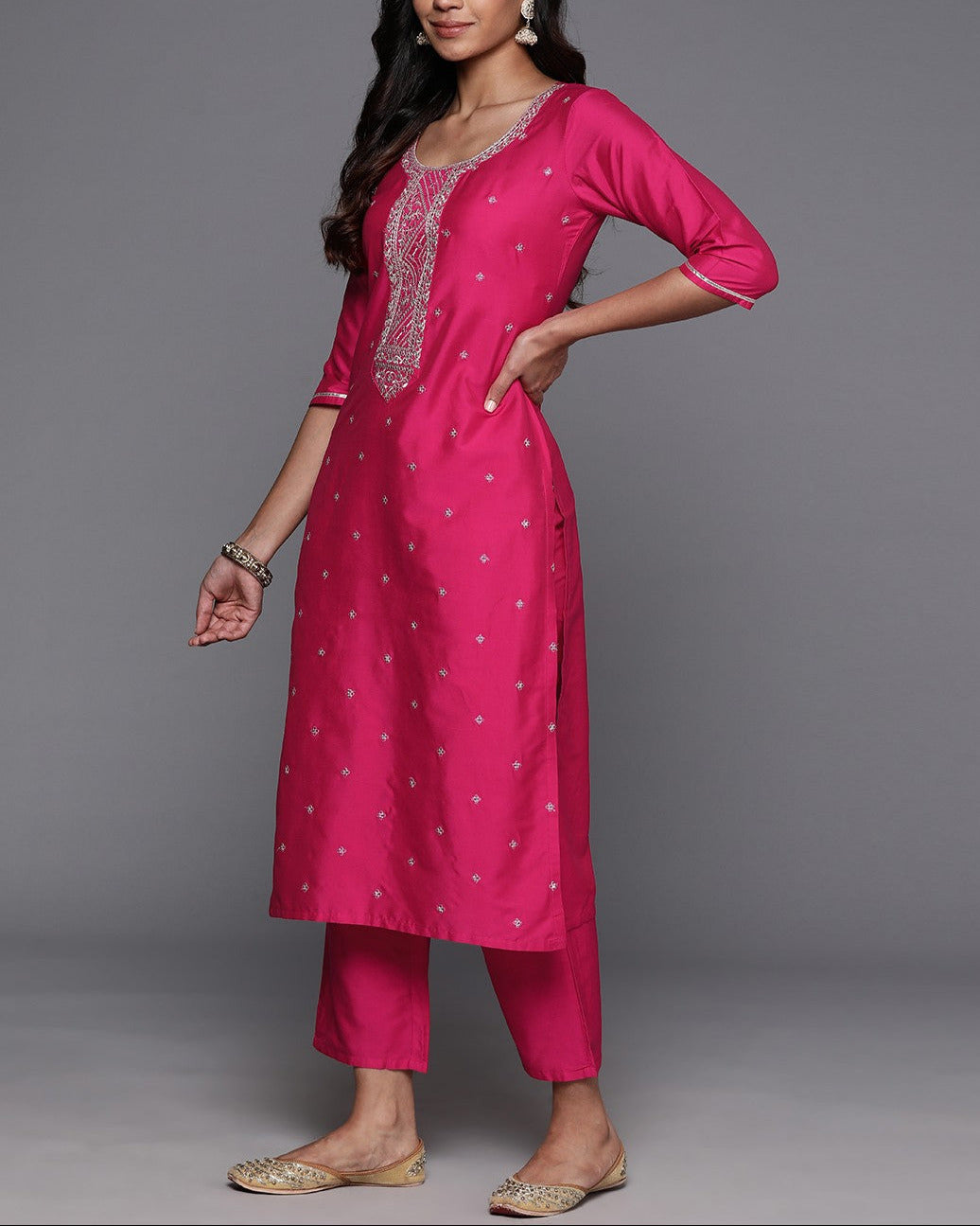 Women Floral Yoke Design Regular Sequinned Kurta with Trousers Dupatta-KYAMSTORE