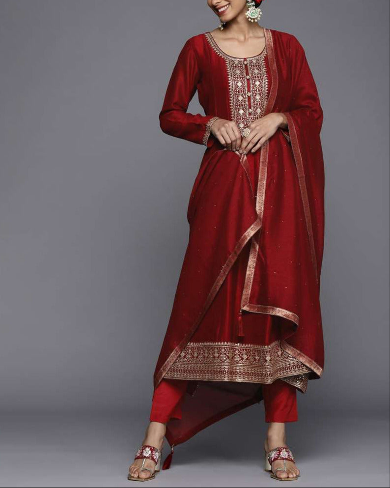Women Maroon Floral Embroidered Sequinned Kurta with Trousers & Dupatta-KYAMSTORE