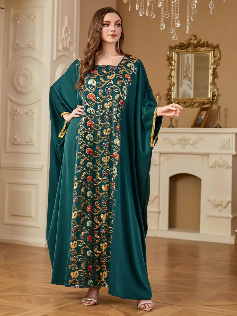 Batwing Sleeve Square Collar Sequin Arabic Long Dress | Delivery: 7 to 10 business days | Limited stocks available | Hurry before Sold Out