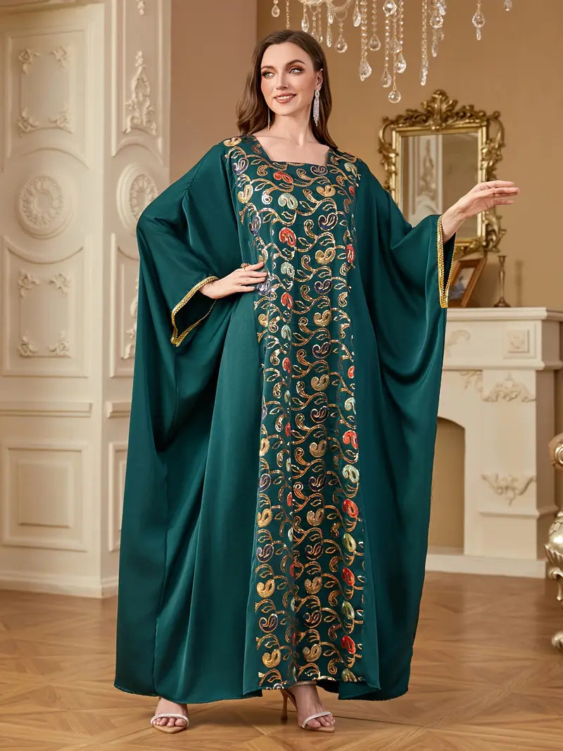 Batwing Sleeve Square Collar Sequin Arabic Long Dress | Delivery: 7 to 10 business days | Limited stocks available | Hurry before Sold Out