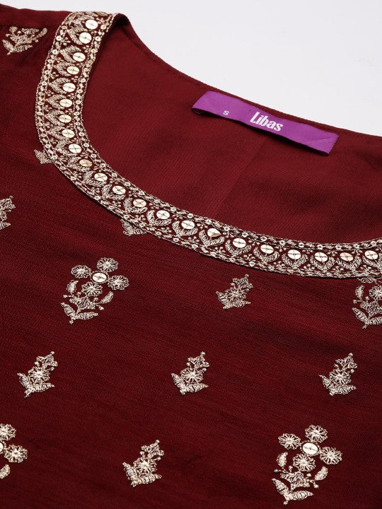 Ethnic Motifs Embroidered Regular Sequinned Kurta with Trousers & Dupatta-KYAMSTORE
