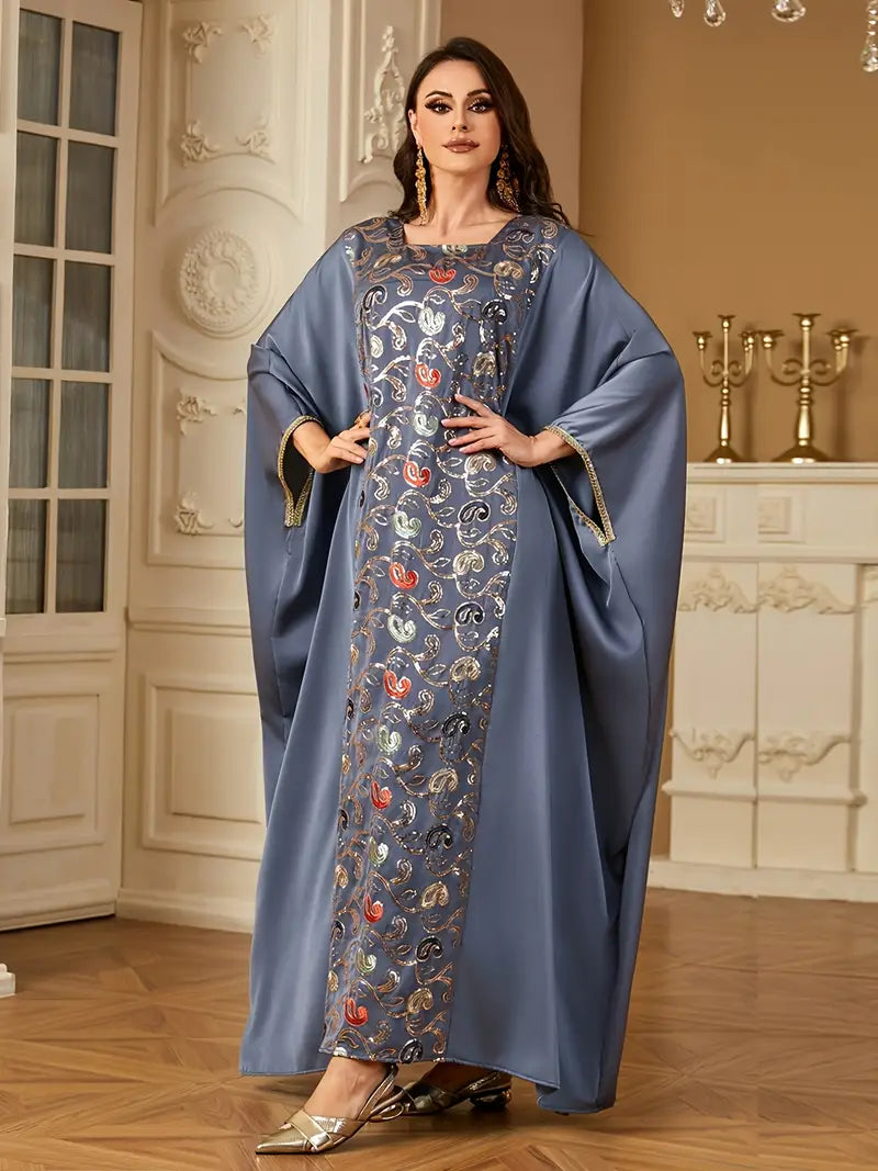 Batwing Sleeve Square Collar Sequin Arabic Long Dress | Delivery: 7 to 10 business days | Limited stocks available | Hurry before Sold Out