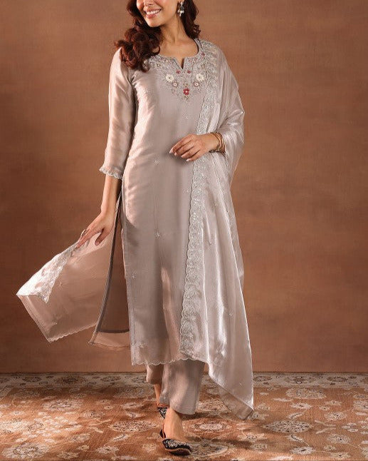 Floral Yoke Design Beads and Stones Tissue Straight Kurta with Trousers & Dupatta-KYAMSTORE