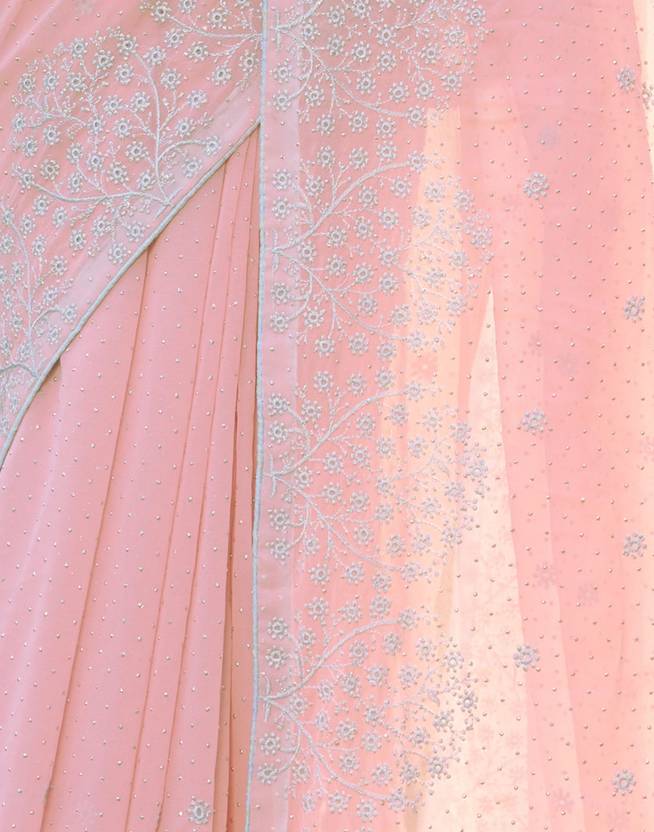 Embroidered, Embellished Bollywood Chiffon, Georgette Saree (Pink, Blue, Silver) | Delivery: 10 to 12 business days | Limited stocks available