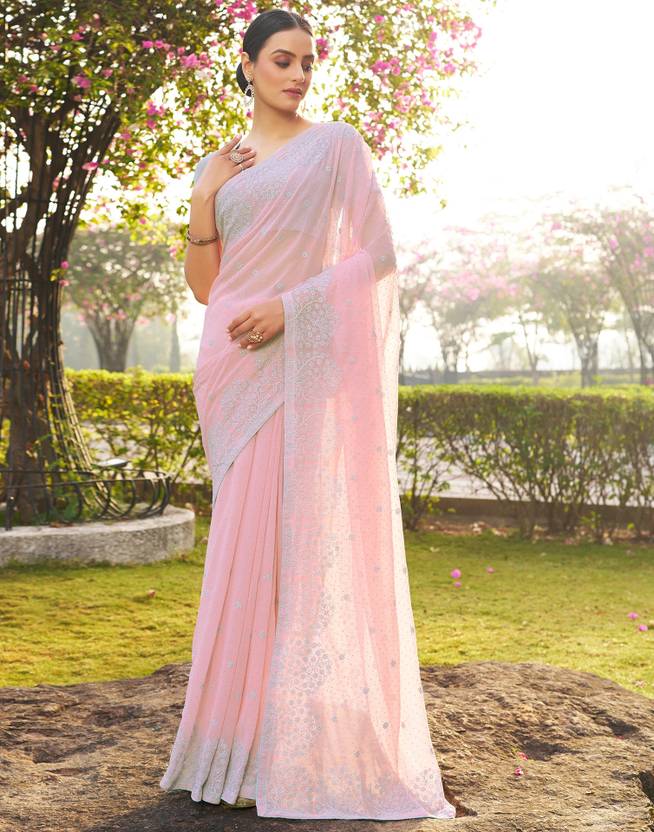 Embroidered, Embellished Bollywood Chiffon, Georgette Saree (Pink, Blue, Silver) | Delivery: 10 to 12 business days | Limited stocks available