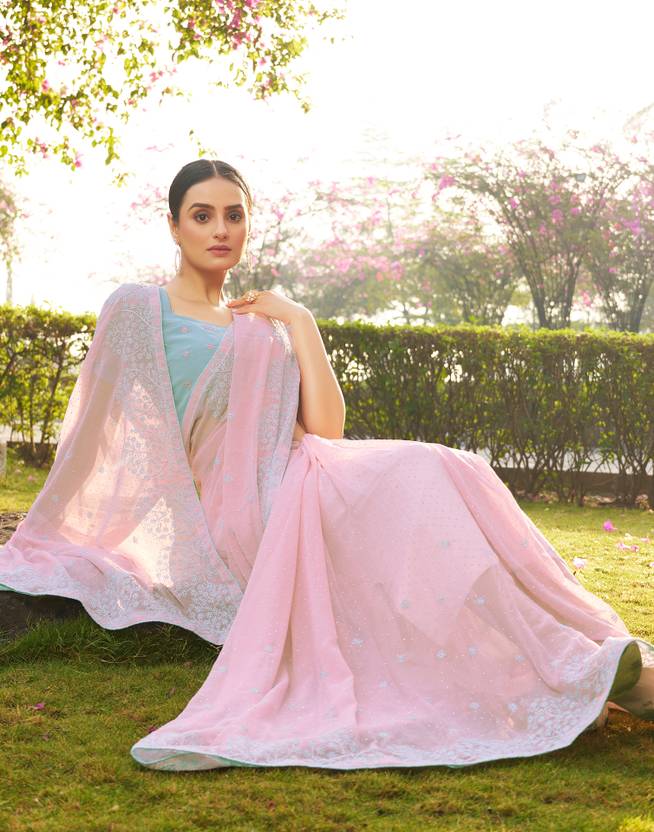 Embroidered, Embellished Bollywood Chiffon, Georgette Saree (Pink, Blue, Silver) | Delivery: 10 to 12 business days | Limited stocks available