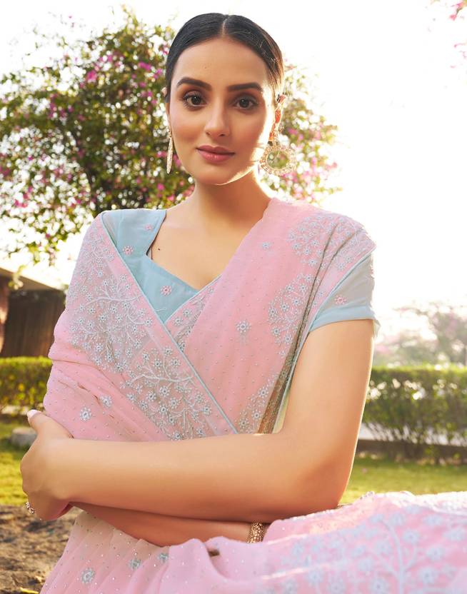 Embroidered, Embellished Bollywood Chiffon, Georgette Saree (Pink, Blue, Silver) | Delivery: 10 to 12 business days | Limited stocks available