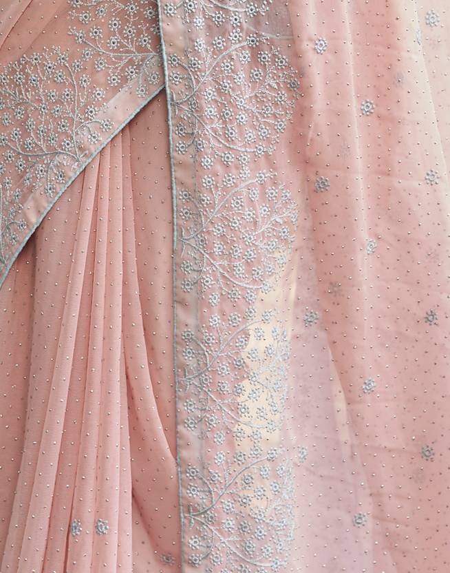 Embroidered, Embellished Bollywood Chiffon, Georgette Saree (Peach, Blue, Silver) | Delivery: 10 to 12 business days | Limited stocks available