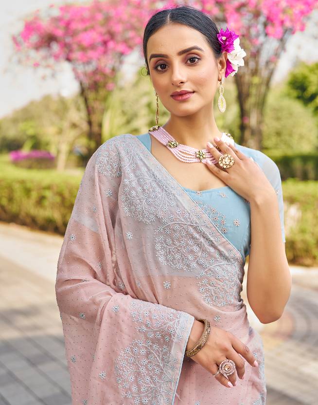 Embroidered, Embellished Bollywood Chiffon, Georgette Saree (Peach, Blue, Silver) | Delivery: 10 to 12 business days | Limited stocks available