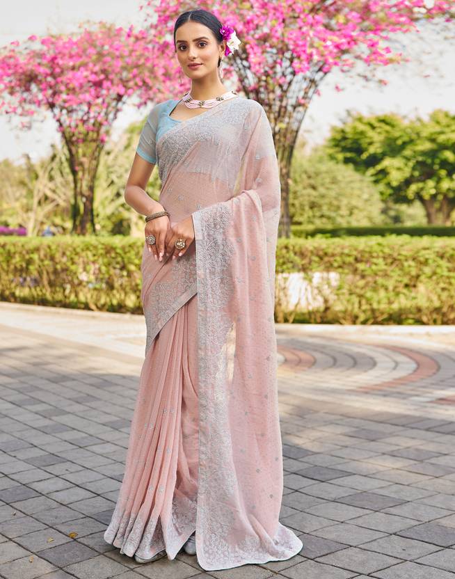 Embroidered, Embellished Bollywood Chiffon, Georgette Saree (Peach, Blue, Silver) | Delivery: 10 to 12 business days | Limited stocks available
