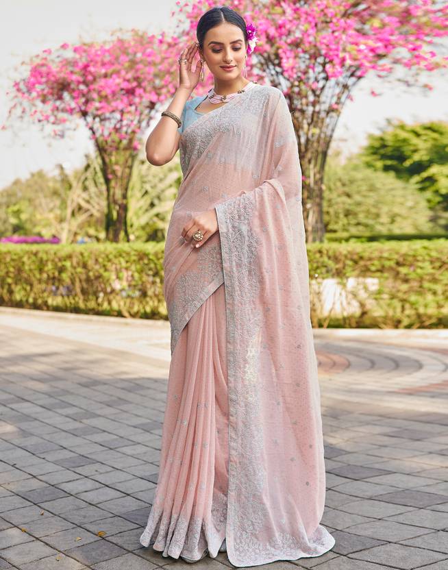 Embroidered, Embellished Bollywood Chiffon, Georgette Saree (Peach, Blue, Silver) | Delivery: 10 to 12 business days | Limited stocks available