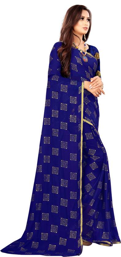 Printed Bollywood Chiffon Saree (Dark Blue) | Delivery: 10 to 12 business days | Limited stocks available