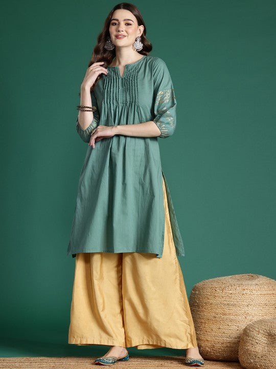Women Pintucks Pure Cotton Kurta with Foil Print Detail