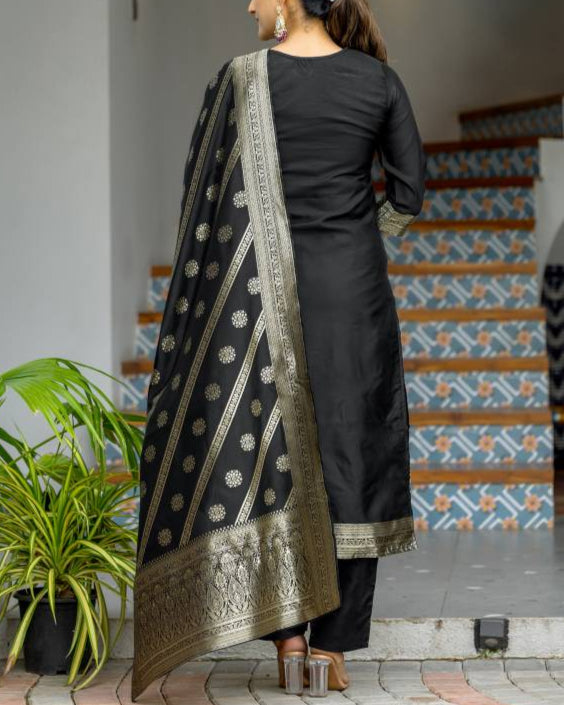 Women Silk Blend, Jacquard Kurta Pant Dupatta Set-KYAMSTORE