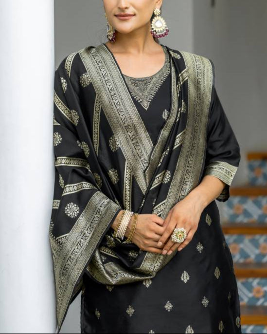 Women Silk Blend, Jacquard Kurta Pant Dupatta Set-KYAMSTORE