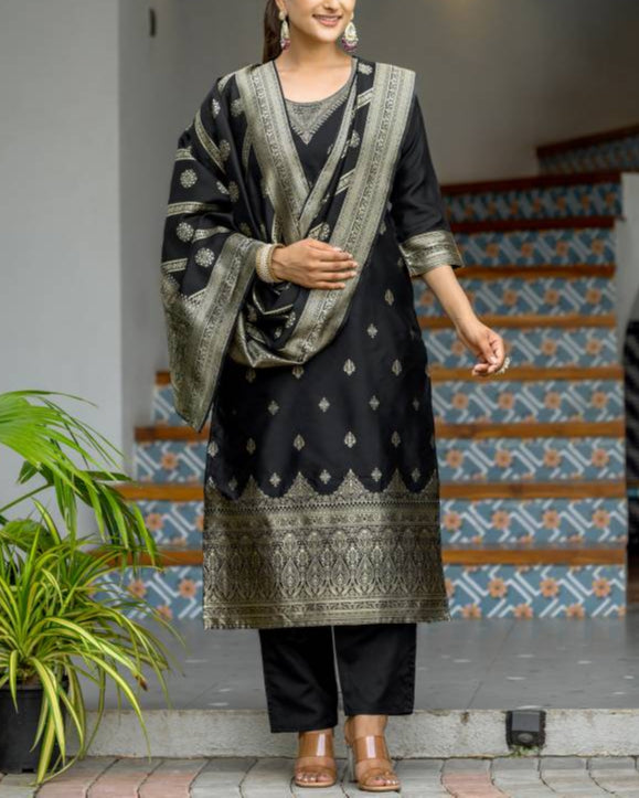 Women Silk Blend, Jacquard Kurta Pant Dupatta Set-KYAMSTORE