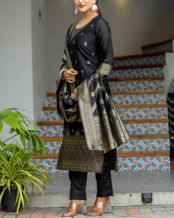 Women Silk Blend, Jacquard Kurta Pant Dupatta Set-KYAMSTORE