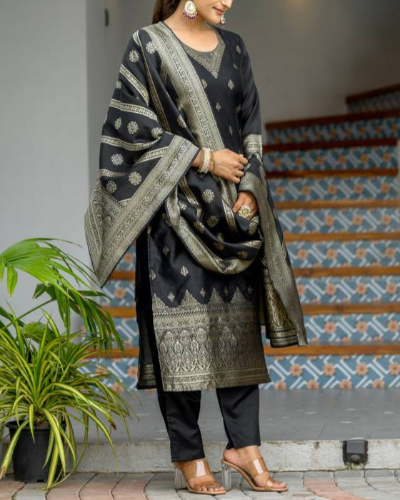 Women Silk Blend, Jacquard Kurta Pant Dupatta Set-KYAMSTORE