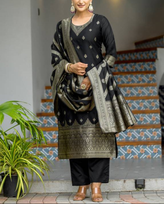 Women Silk Blend, Jacquard Kurta Pant Dupatta Set-KYAMSTORE